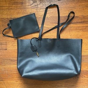 YSL Tote Bag in black with attached flat inside purse and charm